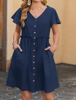 Clearance Women's Mini Dress Casual Dress A Line Dress Basic Casual Vacation Daily Regular Fit Plain Short Sleeve V Neck Black Navy Blue Green Khaki Summer Women Casual Dress
