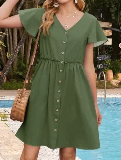 Clearance Women's Mini Dress Casual Dress A Line Dress Basic Casual Vacation Daily Regular Fit Plain Short Sleeve V Neck Black Navy Blue Green Khaki Summer Women Casual Dress