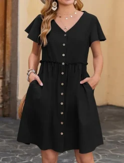 Clearance Women's Mini Dress Casual Dress A Line Dress Basic Casual Vacation Daily Regular Fit Plain Short Sleeve V Neck Black Navy Blue Green Khaki Summer Women Casual Dress