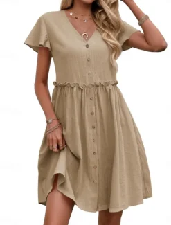 Clearance Women's Mini Dress Casual Dress A Line Dress Basic Casual Vacation Daily Regular Fit Plain Short Sleeve V Neck Black Navy Blue Green Khaki Summer Women Casual Dress