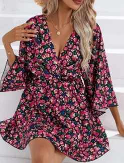 Women's Mini Dress Casual Dress A Line Dress Stylish Casual Vacation Daily Regular Fit Floral 3/4 Length Sleeve V Neck Black Red Summer Spring Women Spring Dresses