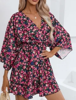Women's Mini Dress Casual Dress A Line Dress Stylish Casual Vacation Daily Regular Fit Floral 3/4 Length Sleeve V Neck Black Red Summer Spring Women Spring Dresses