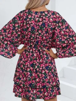 Women's Mini Dress Casual Dress A Line Dress Stylish Casual Vacation Daily Regular Fit Floral 3/4 Length Sleeve V Neck Black Red Summer Spring Women Spring Dresses