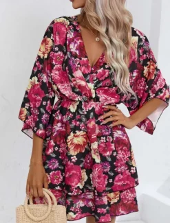Women's Mini Dress Casual Dress A Line Dress Stylish Casual Vacation Daily Regular Fit Floral 3/4 Length Sleeve V Neck Black Red Summer Spring Women Spring Dresses