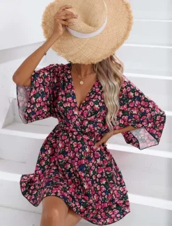 Women's Mini Dress Casual Dress A Line Dress Stylish Casual Vacation Daily Regular Fit Floral 3/4 Length Sleeve V Neck Black Red Summer Spring Women Spring Dresses