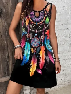 Outlet Women's Mini Dress Casual Dress Tank Dress Boho Dress Bohemia Vacation Vintage Vacation Daily Regular Fit Feather Sleeveless Crew Neck Black Purple Summer Women T Shirt Dresses