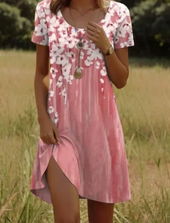 New Women's Mini Dress Casual Dress Petite Dress T Shirt Dress Tee Dress Sundress Casual Vacation Casual Daily Regular Fit Floral Short Sleeve Crew Neck Pink Green Summer Women T Shirt Dresses