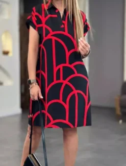 Best Women's Mini Dress Casual Dress Fashion Outdoor Party Holiday Regular Fit Geometric Short Sleeve V Neck Black Red Blue Summer Women Work Dresses