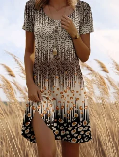 Outlet Women's Mini Dress Casual Dress Petite Dress T Shirt Dress Tee Dress Sundress Vintage Casual Vacation Casual Daily Regular Fit Ombre Leopard Short Sleeve Crew Neck Summer Women T Shirt Dresses