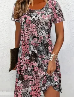 New Women's Mini Dress Casual Dress T Shirt Dress Tee Dress Sundress Shift Dress Vacation Casual Boho Party Beach Form Fit Floral Graphic Short Sleeve Crew Neck Black Red Gray Summer Spring Women Vacation Dresses