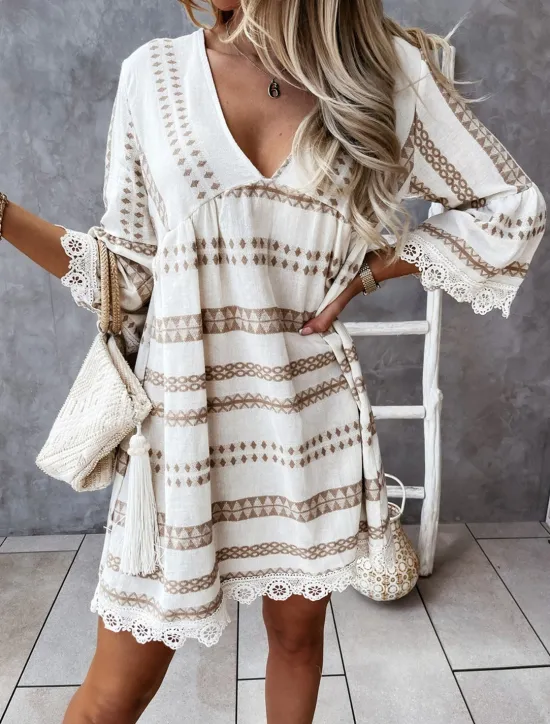 Sale Women's Mini Dress Casual Dress Long Sleeve Boho Dress Summer Dress Bohemia Vacation Holiday Loose Fit Geometric Color Block V Neck Black Apricot Summer Women Floral Dresses