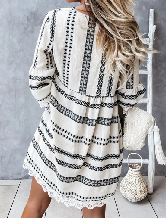Sale Women's Mini Dress Casual Dress Long Sleeve Boho Dress Summer Dress Bohemia Vacation Holiday Loose Fit Geometric Color Block V Neck Black Apricot Summer Women Floral Dresses