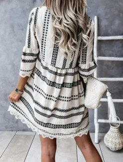 Sale Women's Mini Dress Casual Dress Long Sleeve Boho Dress Summer Dress Bohemia Vacation Holiday Loose Fit Geometric Color Block V Neck Black Apricot Summer Women Floral Dresses