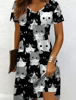 Online Women's Mini Dress Casual Dress T Shirt Dress Tee Dress A Line Dress Summer Dress Vacation Casual Holiday Regular Fit Graphic Animal Cat Short Sleeve Crew Neck V Neck Black And White Yellow Pink Blue Women T Shirt Dresses