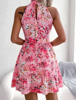 Clearance Women's Mini Dress Casual Dress A Line Dress Stylish Casual Vacation Daily Regular Fit Floral Sleeveless Halter Neck Pink Blue Spring Fall Women Spring Dresses