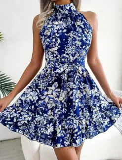Clearance Women's Mini Dress Casual Dress A Line Dress Stylish Casual Vacation Daily Regular Fit Floral Sleeveless Halter Neck Pink Blue Spring Fall Women Spring Dresses