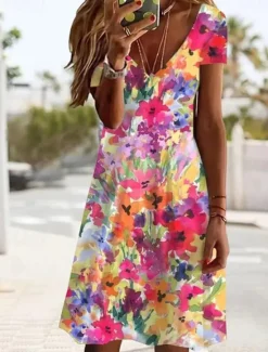 Online Women's Mini Dress Casual Dress Elegant Tropical Hawaiian Daily Regular Fit Floral Short Sleeve Crew Neck Magenta White Pink Light Red Summer Women T Shirt Dresses