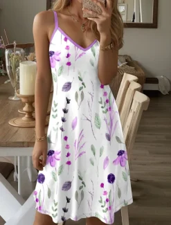 Best Women's Mini Dress Casual Dress Petite Dress Sundress Summer Dress Streetwear Sexy Casual Vacation Street Holiday Regular Fit Floral Leaf Sleeveless Strap V Neck Yellow Purple Summer Women Sundresses