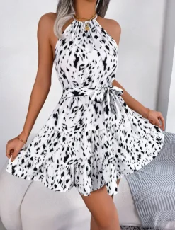 Clearance Women's Mini Dress Casual Dress Swing Dress Summer Dress Streetwear Vacation Holiday Beach Regular Fit Tie Dye Sleeveless Halter Neck White Blue Khaki Summer Women Floral Dresses