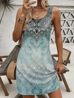 Best Women's Mini Dress Casual Dress Petite Dress Sundress Summer Dress Casual Vacation Daily Holiday Regular Fit Graphic Paisley Sleeveless Crew Neck Summer Women T Shirt Dresses