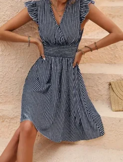 Online Women's Mini Dress Casual Dress A Line Dress Stylish Casual Vacation Casual Daily Regular Fit Stripe Short Sleeve V Neck Black Sky Blue Summer Women Work Dresses