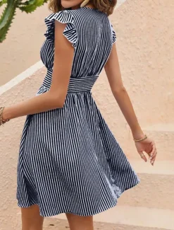 Online Women's Mini Dress Casual Dress A Line Dress Stylish Casual Vacation Casual Daily Regular Fit Stripe Short Sleeve V Neck Black Sky Blue Summer Women Work Dresses