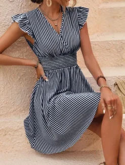 Online Women's Mini Dress Casual Dress A Line Dress Stylish Casual Vacation Casual Daily Regular Fit Stripe Short Sleeve V Neck Black Sky Blue Summer Women Work Dresses
