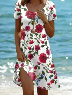 Best Women's Mini Dress Casual Dress Bohemia Vacation Tropical Cap Sleeve Vacation Holiday Beach Regular Fit Ombre Graphic Tropical Short Sleeve Crew Neck White Pink Blue Purple Summer Spring Women T Shirt Dresses
