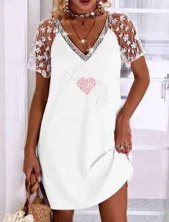 Clearance Women's Mini Dress Casual Dress Shift Dress Personalized Stylish Modern Butterfly Sleeve Daily Holiday Date Loose Fit Heart Short Sleeve V Neck White Pink Summer Fall Women T Shirt Dresses