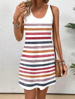 Outlet Women's Mini Dress Casual Dress Petite Dress Sundress Summer Dress Casual Vacation Daily Holiday Regular Fit Stripe Sleeveless Crew Neck Summer Women Sundresses