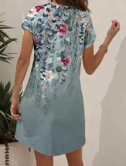 Discount Women's Mini Dress Casual Dress T Shirt Dress Tee Dress Sundress A Line Dress Vacation Casual Boho Beach Regular Fit Ombre Floral Graphic Short Sleeve V Neck Black And White Yellow Red Blue Summer Women Vacation Dresses
