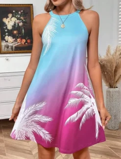 Hot Women's Mini Dress Casual Dress Tank Dress Stylish Casual Vacation Daily Regular Fit Ombre Leaf Short Sleeve Halter Neck Summer Women Sundresses