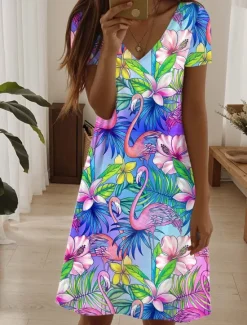 Sale Women's Mini Dress Casual Dress Elegant Tropical Hawaiian Daily Regular Fit Floral Short Sleeve Crew Neck Summer Women Spring Dresses|T Shirt Dresses