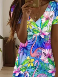 Sale Women's Mini Dress Casual Dress Elegant Tropical Hawaiian Daily Regular Fit Floral Short Sleeve Crew Neck Summer Women Spring Dresses|T Shirt Dresses
