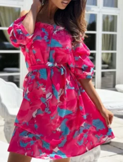 Discount Women's Mini Dress Casual Dress A Line Dress Stylish Casual Vacation Daily Regular Fit Floral Half Sleeve Off Shoulder Red Blue Fuchsia Green Summer Women Spring Dresses