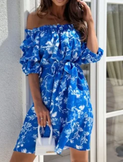 Discount Women's Mini Dress Casual Dress A Line Dress Stylish Casual Vacation Daily Regular Fit Floral Half Sleeve Off Shoulder Red Blue Fuchsia Green Summer Women Spring Dresses