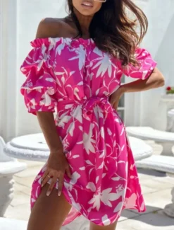 Discount Women's Mini Dress Casual Dress A Line Dress Stylish Casual Vacation Daily Regular Fit Floral Half Sleeve Off Shoulder Red Blue Fuchsia Green Summer Women Spring Dresses