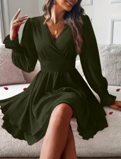 Sale Women's Mini Dress Casual Dress A Line Dress Stylish Casual Vacation Daily Regular Fit Plain Long Sleeve V Neck Black Red Summer Spring Women Cocktail Dress