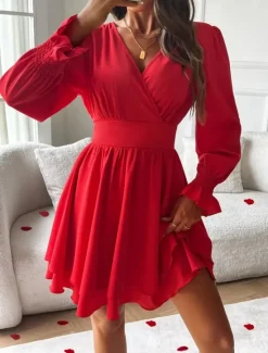 Sale Women's Mini Dress Casual Dress A Line Dress Stylish Casual Vacation Daily Regular Fit Plain Long Sleeve V Neck Black Red Summer Spring Women Cocktail Dress