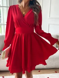 Sale Women's Mini Dress Casual Dress A Line Dress Stylish Casual Vacation Daily Regular Fit Plain Long Sleeve V Neck Black Red Summer Spring Women Cocktail Dress