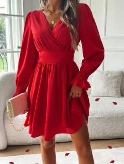 Sale Women's Mini Dress Casual Dress A Line Dress Stylish Casual Vacation Daily Regular Fit Plain Long Sleeve V Neck Black Red Summer Spring Women Cocktail Dress