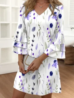 Clearance Women's Mini Dress Casual Dress Semi Formal Dress Petite Dress Sundress Streetwear Ruffle Sleeve Vacation Street Date Regular Fit Floral 3/4 Length Sleeve V Neck Pink Blue Purple Summer Women Spring Dresses|Vacation Dresses