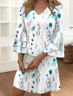Clearance Women's Mini Dress Casual Dress Semi Formal Dress Petite Dress Sundress Streetwear Ruffle Sleeve Vacation Street Date Regular Fit Floral 3/4 Length Sleeve V Neck Pink Blue Purple Summer Women Spring Dresses|Vacation Dresses