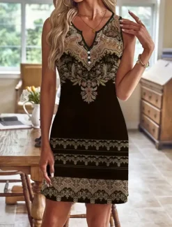 Outlet Women's Mini Dress Casual Dress Tank Dress Bohemia Vintage Ethnic Vacation Daily Regular Fit Floral Sleeveless Notched Neck Black Pink Blue Green Summer Women T Shirt Dresses