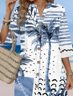 New Women's Mini Dress Casual Dress Stylish Basic Casual Vacation Daily Regular Fit Geometric Tropical 3/4 Length Sleeve Stand Collar Summer Spring Women Vacation Dresses