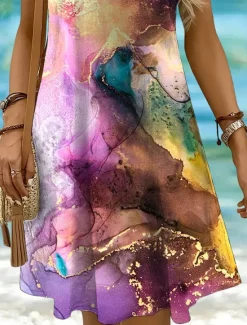 Women's Mini Dress Casual Dress Sundress A Line Dress Off The Shoulder Dress Vacation Casual Regular Fit Graphic Abstract Marble Sleeveless U Neck Scoop Neck Yellow Pink Blue Purple Summer Spring Women Sundresses