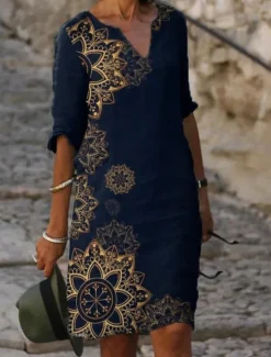 Women's Mini Dress Casual Dress Shift Dress Summer Dress Fashion Modern Daily Beach Weekend Regular Fit Floral 3/4 Length Sleeve V Neck Aqua Blue Navy Blue Blue Green Summer Women Floral Dresses