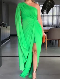 Sale Women's Mini Dress Casual Dress Cocktail Dress Wedding Guest Dress Chiffon Dress Casual Sports & Outdoor Street Regular Fit Plain Long Sleeve One Shoulder Black Red Green Summer Spring Fall Women Cocktail Dress