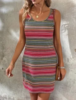 Women's Mini Dress Casual Dress Tank Dress Stylish Casual Vacation Daily Regular Fit Stripe Sleeveless U Neck Red Blue Summer Women Sundresses