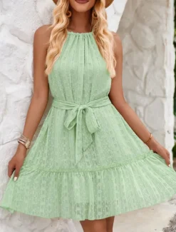 New Women's Mini Dress Casual Dress A Line Dress Stylish Basic Casual Vacation Daily Regular Fit Plain Sleeveless Halter Neck Green Apricot Summer Women Sundresses